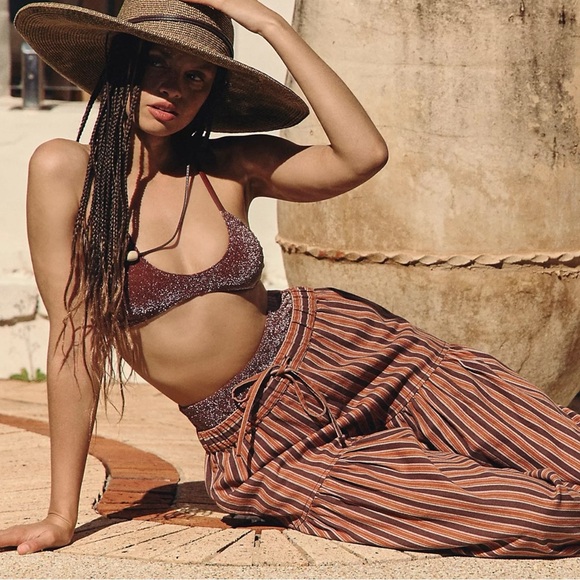 Free People Western Boho Ellie Pull On Barrel Pants Bloomers XS Brown Stripe NEW - Picture 2 of 11
